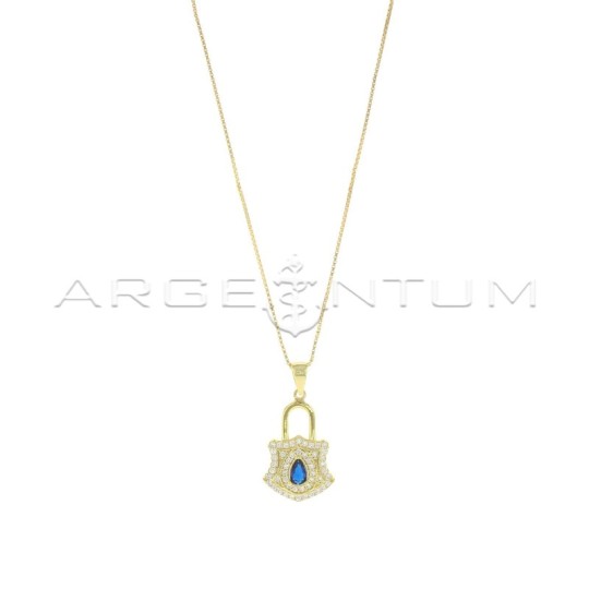 Collana maglia veneziana con ciondolo lucchetto semizirconato bianco con zircone centrale a goccia blu placcata oro giallo in ar