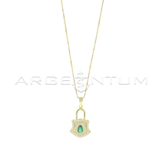 Collana maglia veneziana con ciondolo lucchetto semizirconato bianco con zircone centrale a goccia verde placcata oro giallo in 