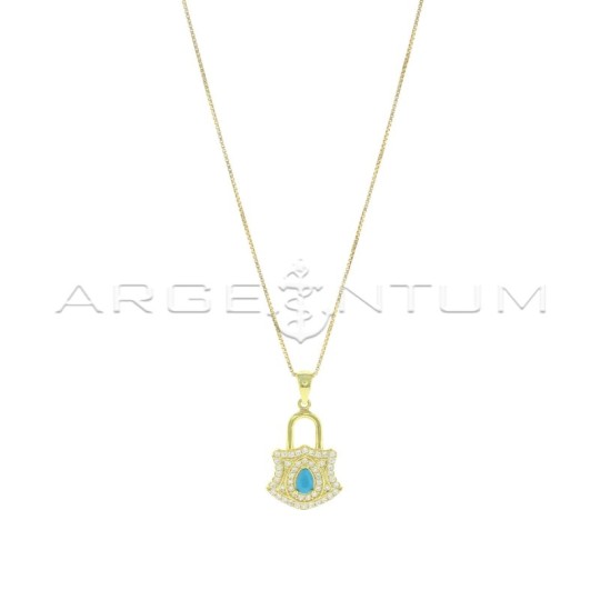 Venetian mesh necklace with white semi-zircon padlock pendant with central turquoise drop stone, yellow gold plated in 925 silve