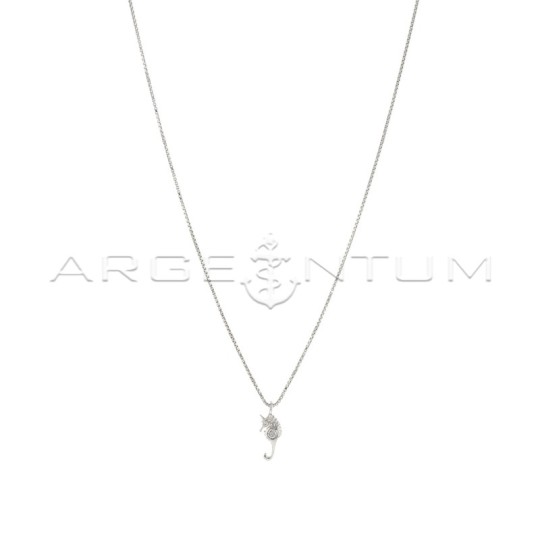 Venetian mesh necklace with engraved seahorse pendant with white zircon eye and white central light point white gold plated in 9