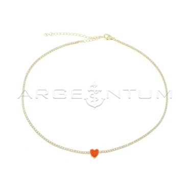 Collarino tennis di zirconi bianchi con cuore smaltato arancio centrale placcato oro giallo in argento 925