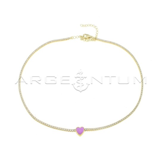 White tennis necklace with central heart enamelled lilac yellow gold plated in 925 silver