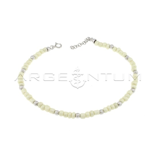 Anklet with white resin tubes and white gold plated diamond spheres in 925 silver