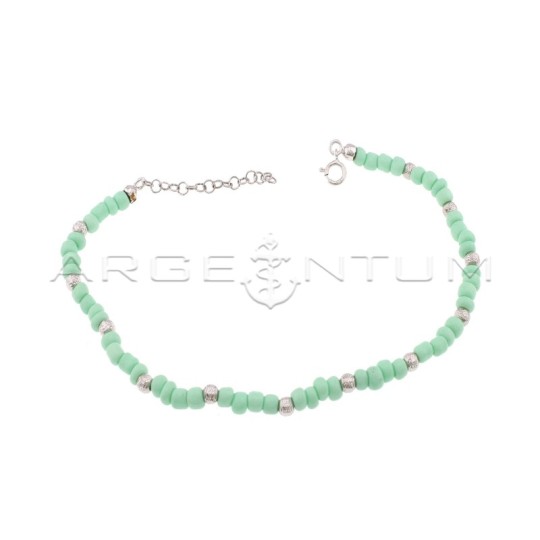 Anklet with green resin tubes and white gold plated diamond spheres in 925 silver