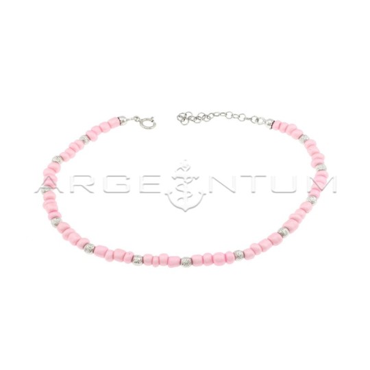 Anklet with light pink resin tubes and white gold plated diamond spheres in 925 silver