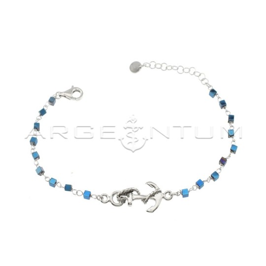 Link bracelet with blue galvanized hematite cubes and central anchor white gold plated in 925 silver