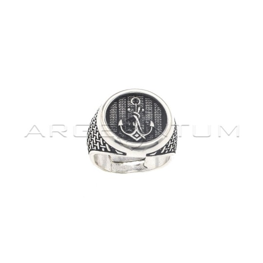 Adjustable shield ring with central micro-cast anchor on a corrugated and burnished base and engraved stem in 925 silver