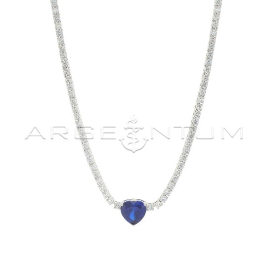 Collier tennis con zirconi bianchi e cuore centrale di zircone blu placcato oro bianco in argento 925