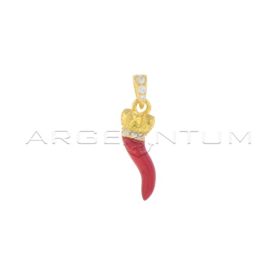 Red enameled horn pendant with engraved crown, white zircon base and counter chain in 925 silver yellow gold plated