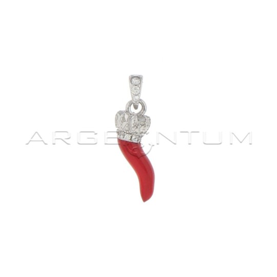 Red enameled horn pendant with engraved crown, white zircon base and counter chain in 925 silver white gold plated