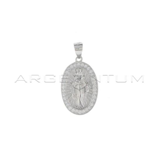 Miraculous medal pendant with Madonna on a satin and striped base in a frame of white zircons plated white gold in 925 silver