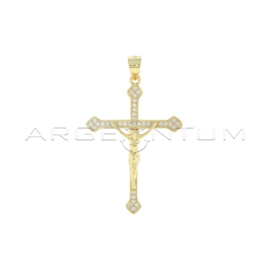 White zircon shaped cross pendant with yellow gold plated cast Christ in 925 silver