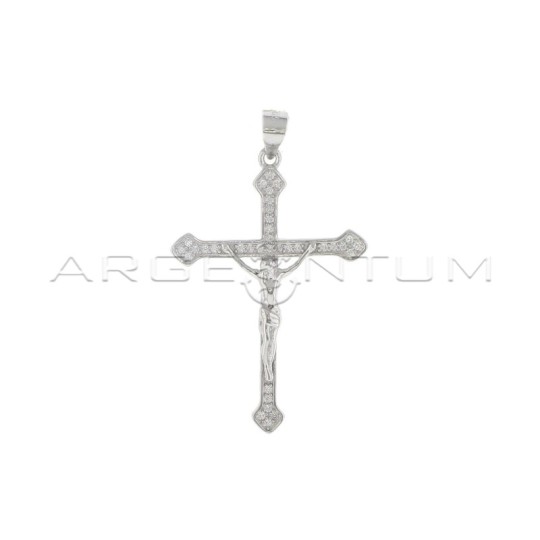 White zircon shaped cross pendant with white gold plated cast Christ in 925 silver