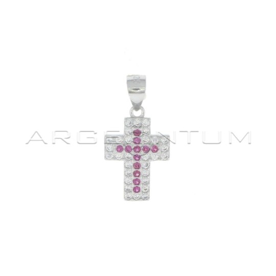 White zircon cross pendant with central white gold plated red zircons in 925 silver