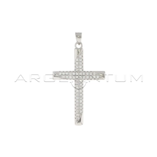 White zircon cross pendant with shiny tips white gold plated in 925 silver