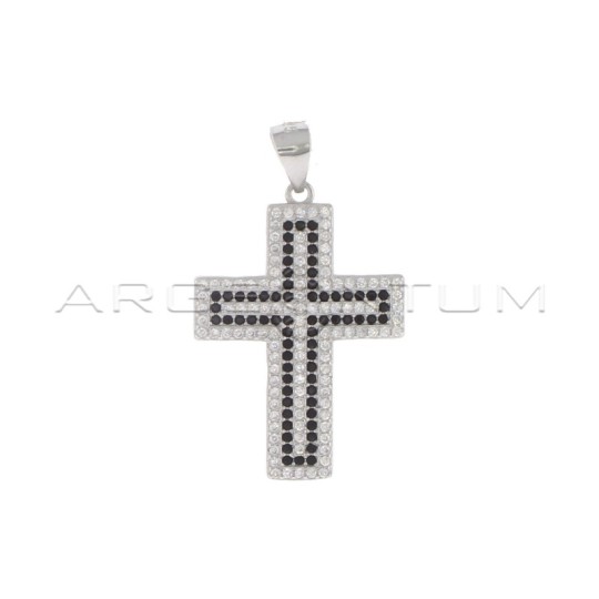 White zircon cross pendant with white gold plated black zircon internal shape in 925 silver