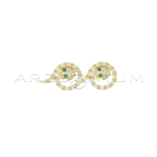 White zircon snake stud earrings with green eyes yellow gold plated in 925 silver