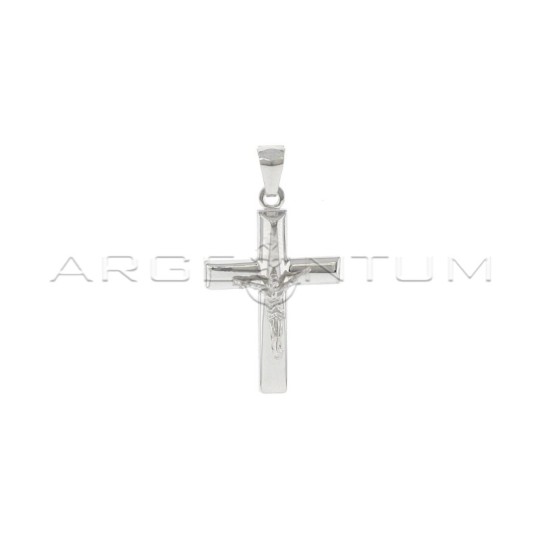 Cross pendant with convex plate with cast Christ in white gold plated 925 silver