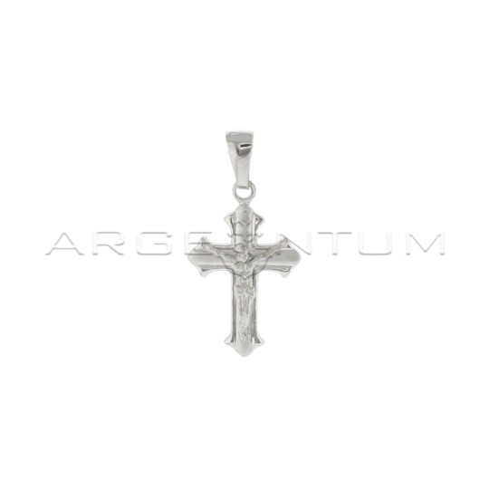 Ciondolo croce satinata e lucida con punte sagomate e cristo microfuso placcato oro bianco in argento 925