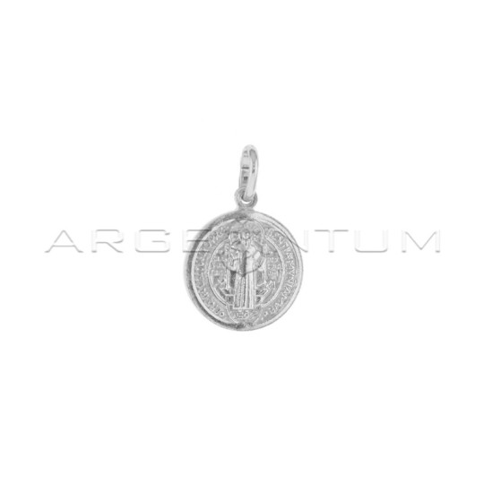 Round medal engraved St. Benedict plated white gold in 925 silver