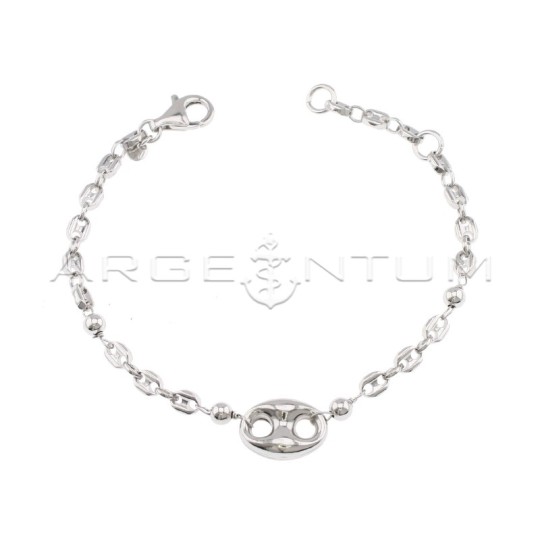 Marine mesh bracelet with rounded central and lateral shiny spheres white gold plated in 925 silver