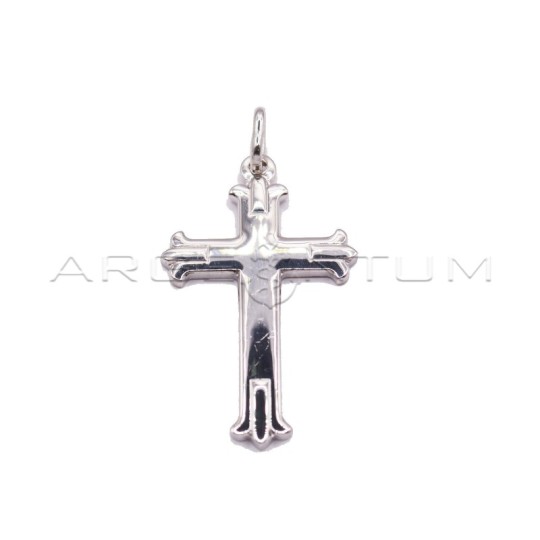 Cross pendant engraved with shaped points white gold plated in 925 silver