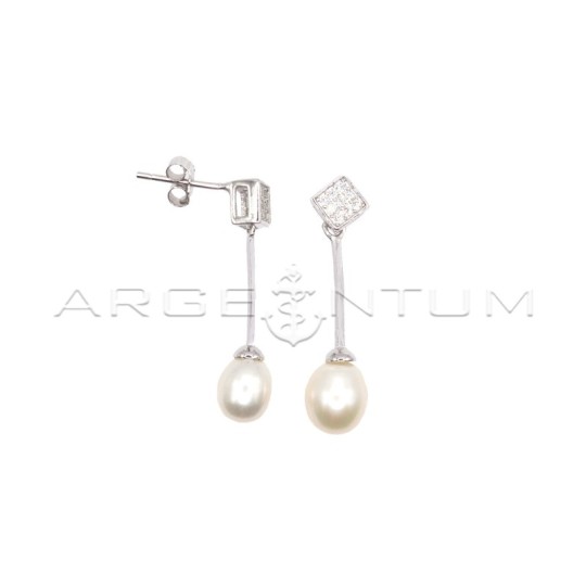 Pendant earrings with white zircon rhombus attachment and rigid segment pendant with freshwater cultured teardrop pearl white go