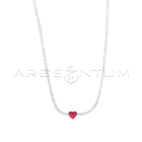 White tennis necklace with central heart-shaped red zircon white gold plated in 925 silver