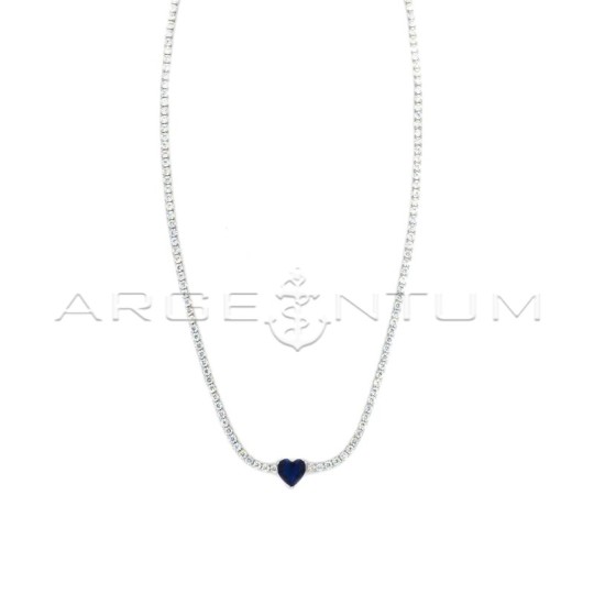 White tennis necklace with central heart-shaped blue zircon in white gold plated 925 silver