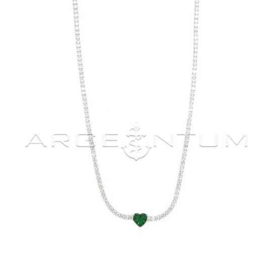 White tennis necklace with green zircon with central heart, white gold plated in 925 silver