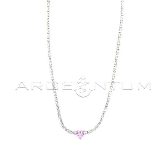 White tennis necklace with pink zircon with central heart, white gold plated in 925 silver