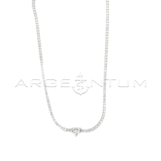 White tennis necklace with white zircon with central heart, white gold plated in 925 silver