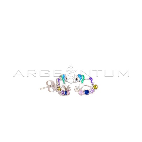 Enamelled unicorn stud earrings with multicolor zircon rocking rocking white gold plated in 925 silver