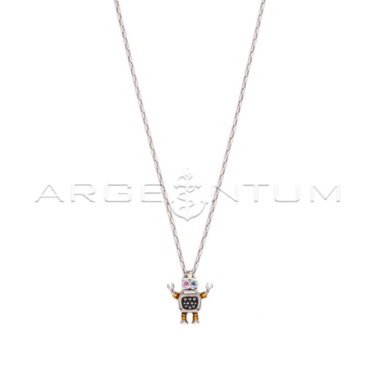 Rectangular Forced Link Necklace with Enamel Robot Pendant with Red and Blue Zircon Eyes and Yellow Gold Plated Details 925 Whit