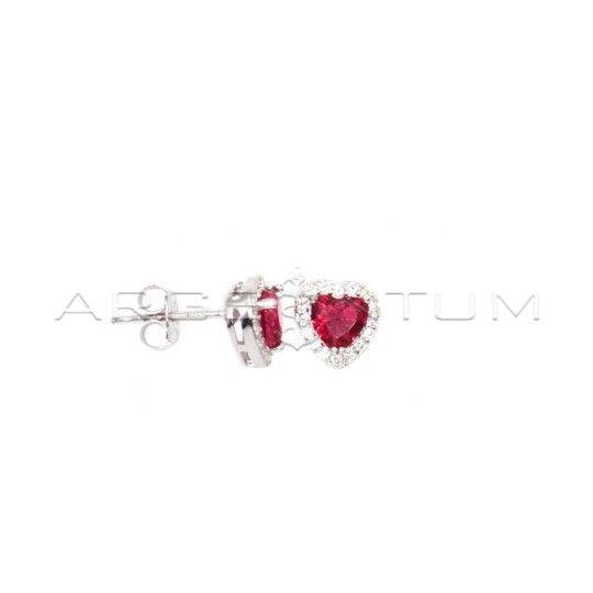 Stud earrings with central red heart zircon in a frame of white zircons plated white gold in 925 silver