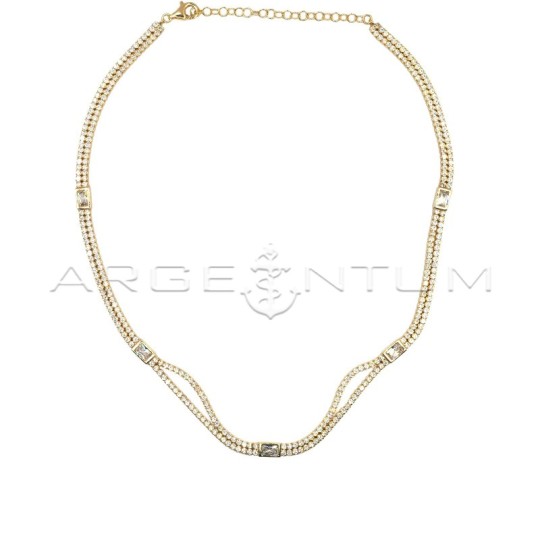 Collana tennis a due fili di zirconi bianchi con segmeti di zircone rettangolare bianco placcata oro giallo in argento 925