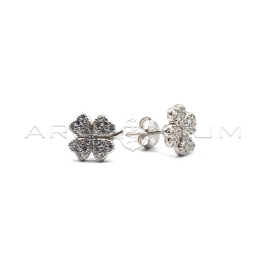 Four-leaf clover earrings in white zircons pave with shiny stem, white gold plated in 925 silver