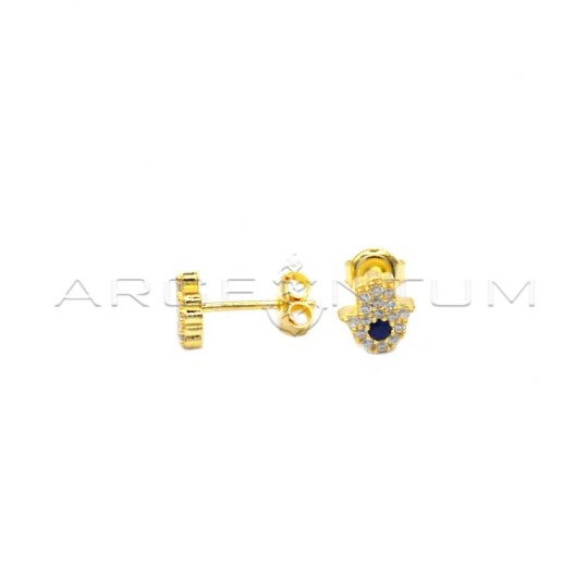 Yellow Gold Plated 925 Sterling Silver Hand of Fatima Stud Earrings with White Cubic Zirconia and Blue Light Spot