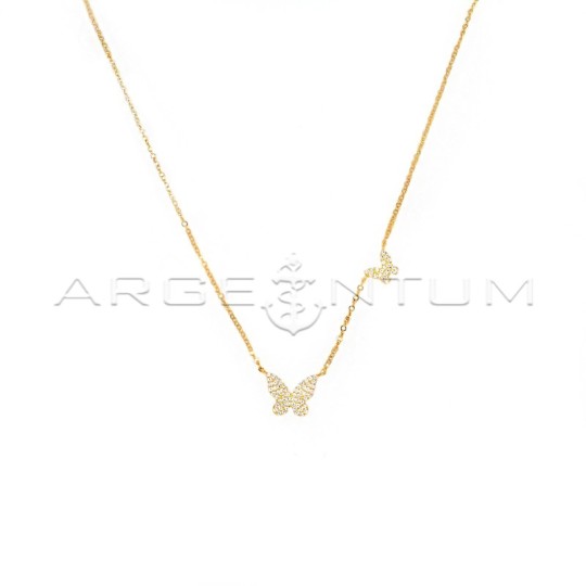 Forced link necklace with central and lateral butterfly paved with white zircons yellow gold plated in 925 silver