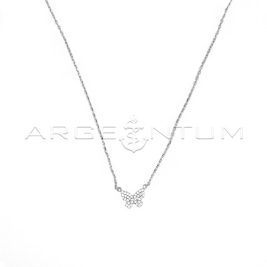 Forced link necklace with central butterfly in white gold plated 925 silver pave cubic zirconia