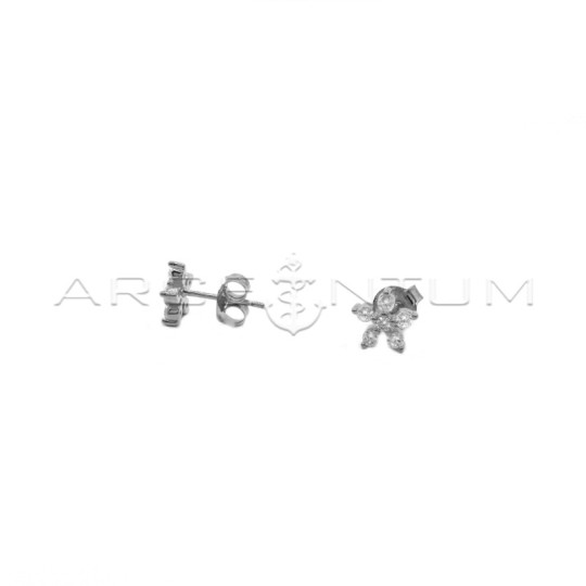 Stud earrings with flower pressure attachment of white zircons white gold plated in 925 silver