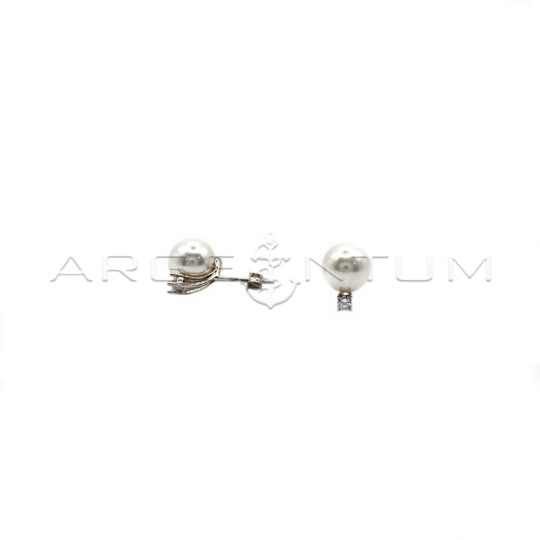 White gold plated 925 silver lobe earrings with 10 mm pearl and white light point