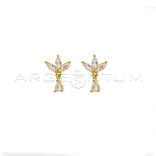 Stud earrings with three spools and pendant drop of yellow gold plated white zircons in 925 silver