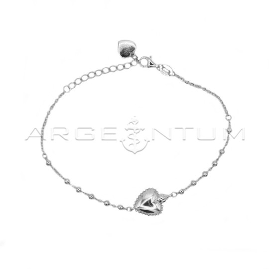 Alternating ball mesh bracelet with central sacred heart white gold plated in 925 silver