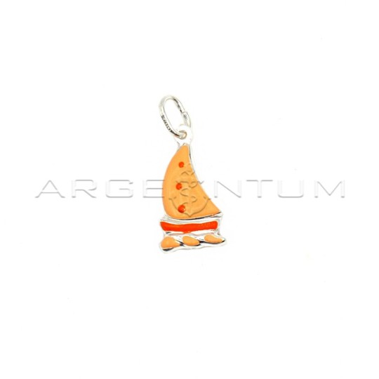 Orange enamelled sailboat pendant in 925 white silver