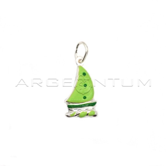 Green enamelled sailboat pendant in 925 white silver