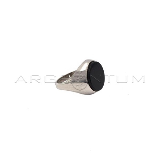 Anello regolabile a scudo tondo con pietra in onice nero placcato in oro bianco in argento 925