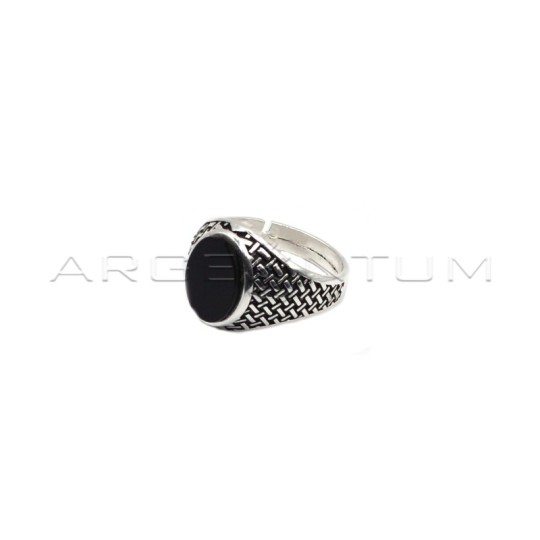 Adjustable oval shield ring with braided stem and black onyx stone in 925 silver