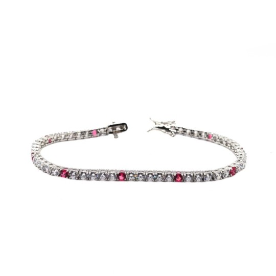 Bracciale tennis con 5 zirconi bianchi e 1 rosso da 3 mm placcato oro bianco in argento 925