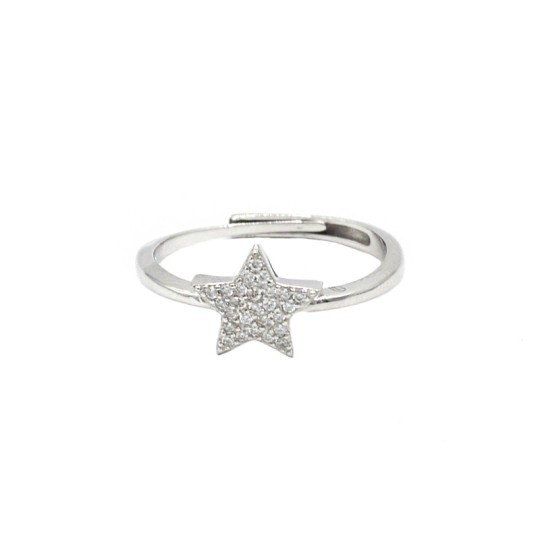 Adjustable ring with white gold plated white zircon star in 925 silver